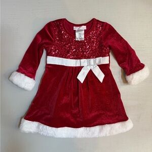 Red Sequin Holiday Dress with White Trim